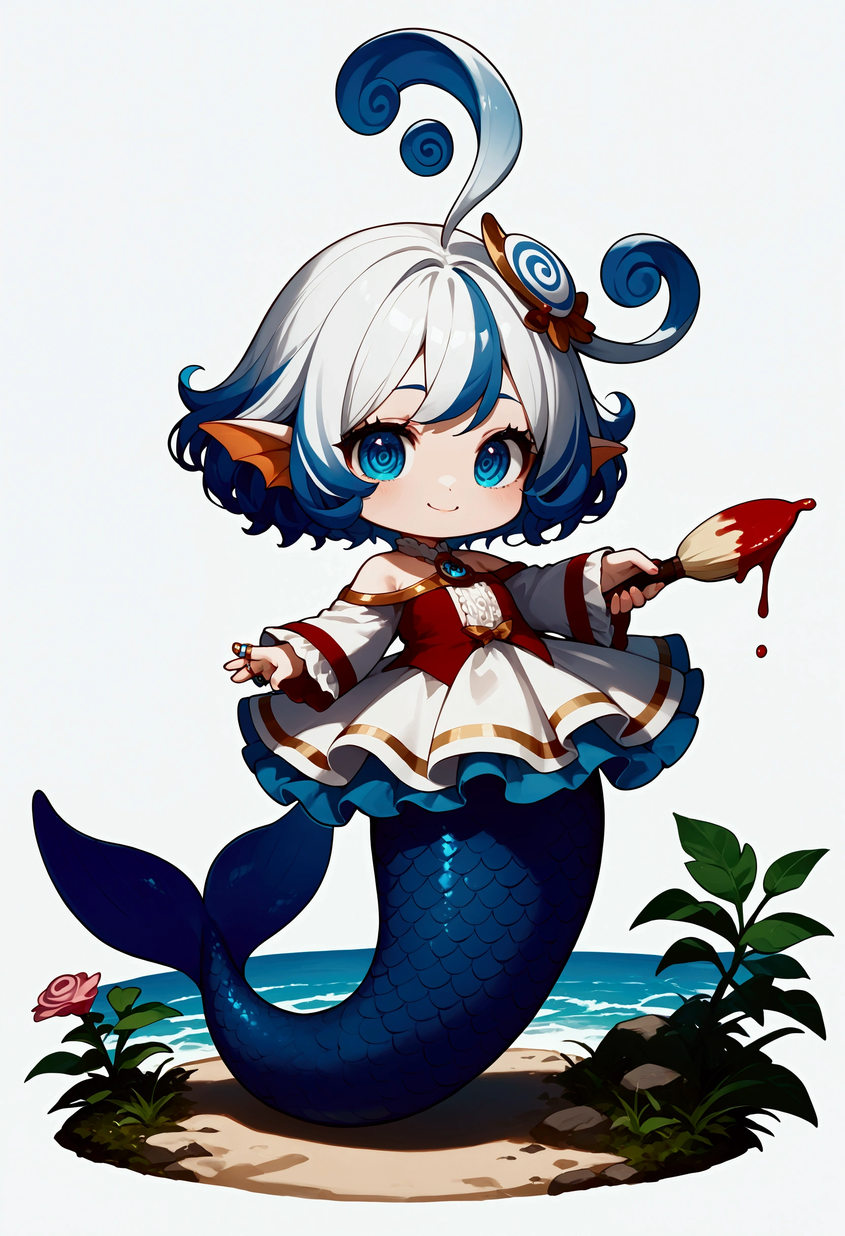 score_9, score_8_up, score_7_up, score_6_up, score_5_up, score_4_up, source_anime,source_furry,rating_safe,rating_questionable,masterpiece, best quality, perfect anatomy , very aesthetic , absurdres,,solo,1girl\(cute, mermaid, long blue hair, beautiful shiny scales, big eyes, chibi, big smile, white elegant swimwear, (1ring\((at side of the head), blue and white spiral\):1.3), (holding a paintbrush\((huge:1.5), as big as girl\):1.3),full body\),ocean, ((white background))