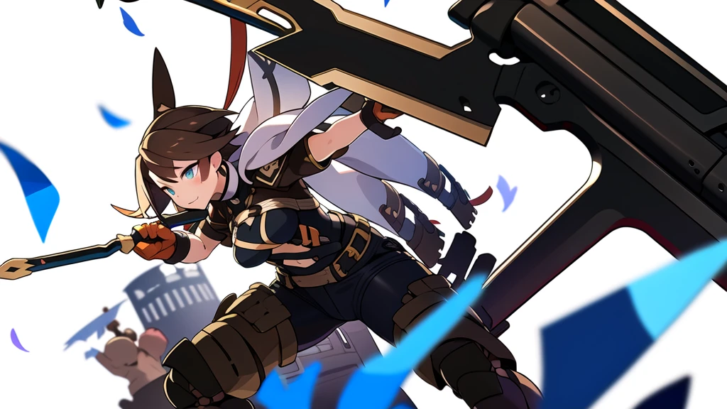 colorful , masterpiece, best quality, 1girl, weapon, solo, fantasy weapon, ((blurry background)), orange, green, violet, brown, white, (((low detail white background))), dutch angle, combat,