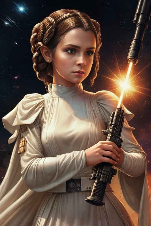 a close up of a woman in a white dress holding a gun, princess leia, princess intergalactica, star wars character, by Eddie Mendoza, star wars style, star wars art, by Rodel Gonzalez, star wars imperial style, taylor swift as princess leia, beautiful comic art, padme amidala, emma watson as princess leia, portrait of princess leia