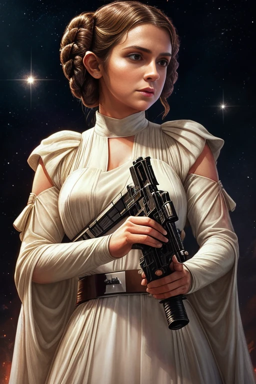 a close up of a woman in a white dress holding a gun, princess leia, princess intergalactica, star wars character, by Eddie Mendoza, star wars style, star wars art, by Rodel Gonzalez, star wars imperial style, taylor swift as princess leia, beautiful comic art, padme amidala, emma watson as princess leia, portrait of princess leia