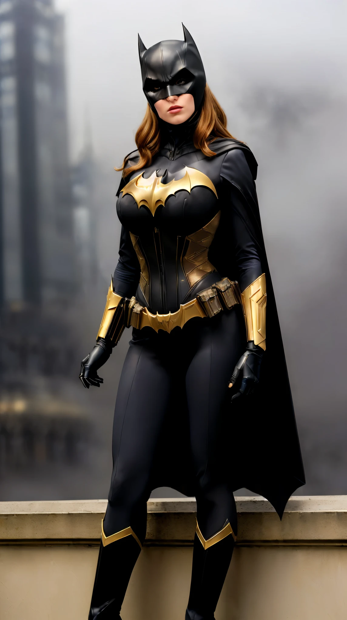 ( Highest quality masterpiece,16k:1.6),very precisely drawn, cinematic lighting, intricate composition, face focus, A beautiful woman in her 40s,Light brown short cut hair,batman cosplaying beautiful woman in black maicro bikini batman suit  and batmanmask posing on a ledge, batwoman, batgirl, inspired by Deborah Kerr, amouranth,batwoman by Deborah Kerr , better known as amouranth, beautiful batwoman, gotham city style,cinematic beauty, very tight corset, ((Gotham City at night, street corner background with skyscrapers shrouded in fog))
