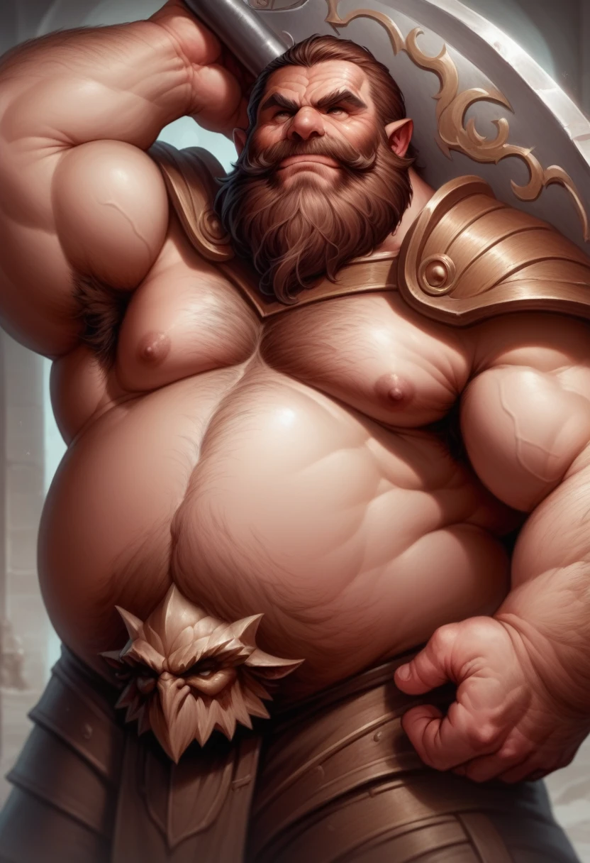 (Dwarven Elder)　　Deep wrinkles on the face　Stern face　Brown Hair　Detailed body hair　6 heads　Very large beard　Beard that spreads out and bounces　 Biceps,((Great Axe Carrying)), Chubby, Being overweight, chest hair,Armpit hair, Very hairy, Happy Trails, (Leather vest armor,  Remove shoulder armor:1),(Only up to the chest), male,  (Alone),Highly detailed face, Detailed eyes,(Realistic, Ultra-realistic, Super detailed, Super detailed background, Octane Rendering, bright castle, Super detailed）Composition looking up from below,Armpit hairクローズアップ　