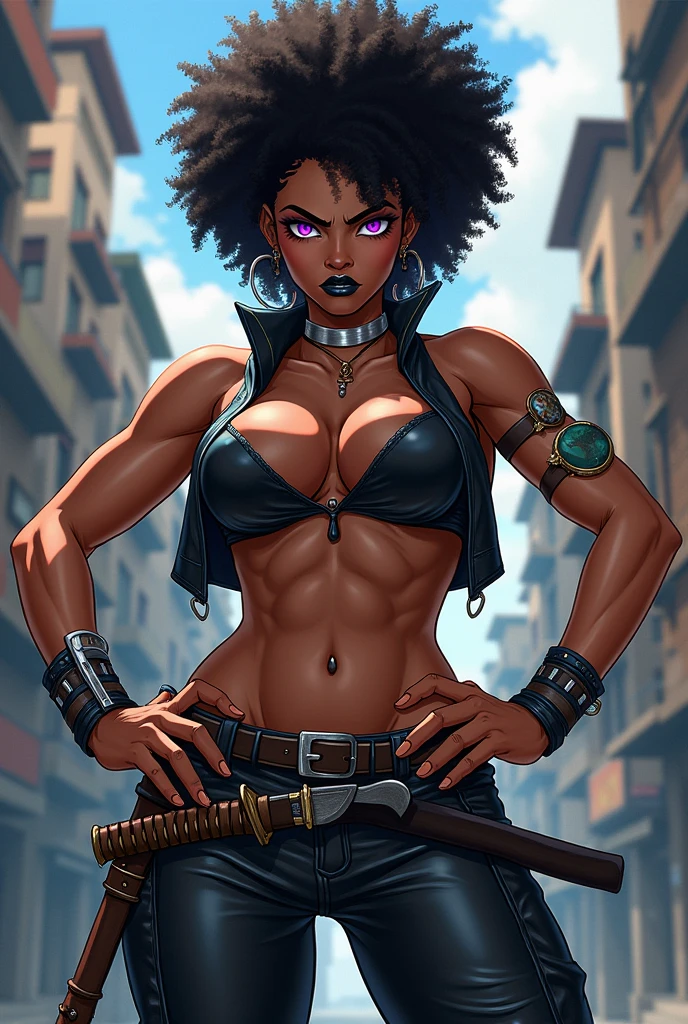 (Masterpiece) (High Detail) (High Relack Skin) Looking from above A young black humanoid FutEred with dark skin and ebony flesh and green eyes and short black hair and goat ears and short dark goat horns and a toned  body and small to average breasts dressed like a punk wearing a purple jacket and jeans