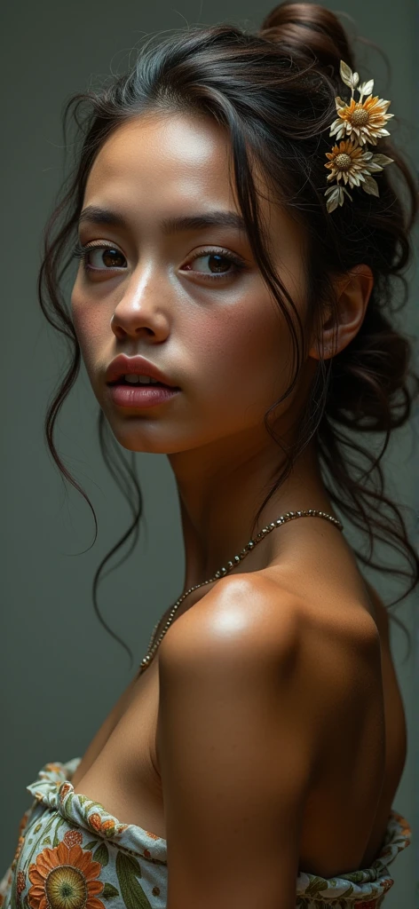 a beautiful young woman, exposed chest, female nude, photorealistic, 1girl, beautiful detailed eyes, beautiful detailed lips, extremely detailed face and skin, delicate features, medium shot, shallow depth of field, natural lighting, soft backlighting, warm tones, glowing skin, cinematic, highly detailed, 8k, realistic, masterpiece, digital painting, oil painting, hyperrealistic