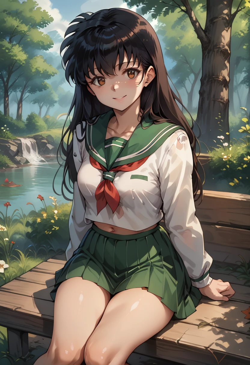 kagome, 1girl, solo, long_hair, looking_at_viewer, smile, bangs, black_hair, long_sleeves, navel, brown_eyes, sitting, school_uniform, thighs, pleated_skirt, outdoors , day, miniskirt, sailor_collar, tree, neckerchief, grass, green_skirt, nature, red_neckerchief, green_sailor_collar