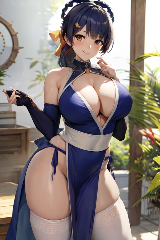 masterpiece, best quality, beautiful art, high resolution, well formed hands, body and fingers, 1 woman, solo, Xiangling, adult, grown up, large and big breasted, cleavage,  full body, braided long hair, blue_japanese_clothes, wearing DOA Kasumi's blue kunoichi dress, sexy and skimpy japanese clothes, kimono peek, sleeveless, panties peek, white stockings, gorgeous legs and thighs,dancing seductively and erotically, twirling around, , shaking her body alluringly, smiling joyfully, looking at the viewer, sweating , flirting, beach environment  dancing seductively and erotically, twirling around, , shaking her body alluringly, smiling joyfully, looking at the viewer, sweating , flirting, beach environment          