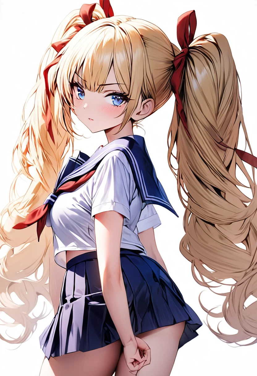 masterpiece,Best Quality,(ultra-detailliert:1.2), Beautiful eyes,Beautiful hair,Beautiful face,Beautiful skin, 1girl, japanese highshcool girl, sailor collar, school uniform, (((blonde))), twintails, miniskirt, dark blue eyes, serious high school girl, school uniform,  sailor suit, middy uniform, (((white shirt))), red ribbon,(((white background))), white high socks, brown pumps, monochromatic background, red hair ribbons, from behind, back shot