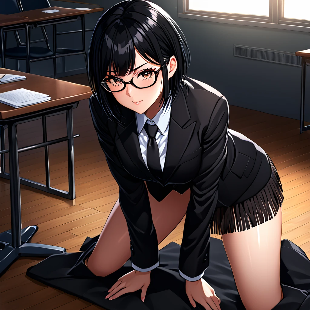 young woman, glasses, short black hair, fringe, business suit, big butt, glow, thighs, cowgirl position, detailed, in a classroom, throw