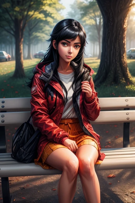 anime girl with black hair and a red jacket sitting on a bench, alena aenami and artgerm, artgerm and ilya kuvshinov, ilya kuvshinov. 4 k, ilya kuvshinov and artgerm, by Ilya Kuvshinov, ilya kuvshinov style, digital art ilya kuvshinov