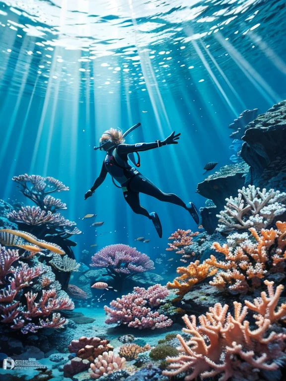 An underwater scene with a diver surrounded by countless fish of various species and vibrant colors. The diver, clad in a sleek wetsuit and scuba gear, glides effortlessly through the clear blue water. Bright, shimmering schools of fish swirl around, creating mesmerizing patterns, as rays of sunlight pierce through the ocean's surface, illuminating the scene. Coral reefs and marine plants add depth and richness to the underwater landscape, while the diver reaches out as if to touch the teeming life all around them in this aquatic paradise.