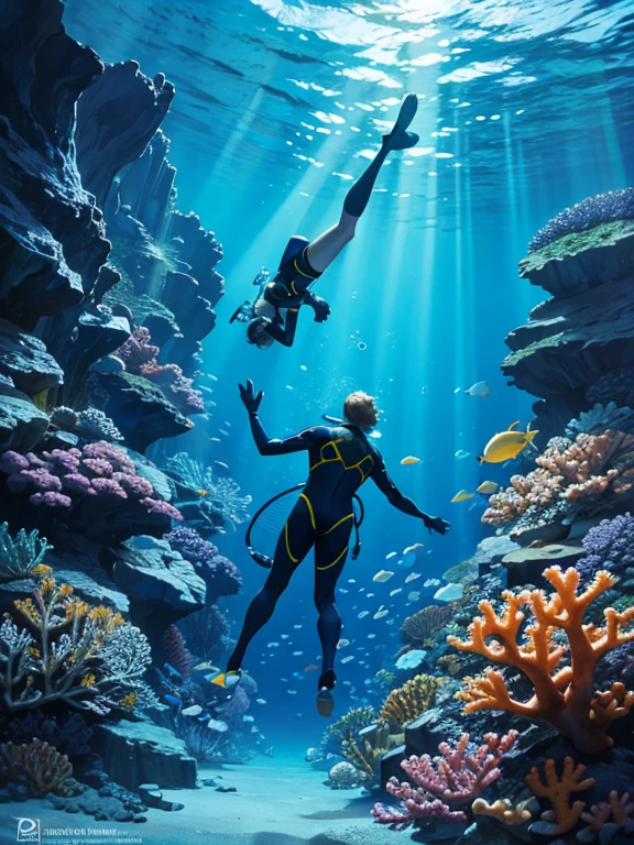 An underwater scene with a diver surrounded by countless fish of various species and vibrant colors. The diver, clad in a sleek wetsuit and scuba gear, glides effortlessly through the clear blue water. Bright, shimmering schools of fish swirl around, creating mesmerizing patterns, as rays of sunlight pierce through the ocean's surface, illuminating the scene. Coral reefs and marine plants add depth and richness to the underwater landscape, while the diver reaches out as if to touch the teeming life all around them in this aquatic paradise.