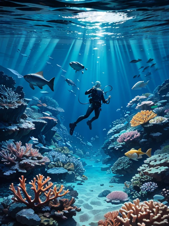 An underwater scene with a diver surrounded by countless fish of various species and vibrant colors. The diver, clad in a sleek wetsuit and scuba gear, glides effortlessly through the clear blue water. Bright, shimmering schools of fish swirl around, creating mesmerizing patterns, as rays of sunlight pierce through the ocean's surface, illuminating the scene. Coral reefs and marine plants add depth and richness to the underwater landscape, while the diver reaches out as if to touch the teeming life all around them in this aquatic paradise.