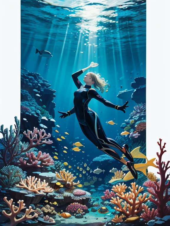 An underwater scene with a diver surrounded by countless fish of various species and vibrant colors. The diver, clad in a sleek wetsuit and scuba gear, glides effortlessly through the clear blue water. Bright, shimmering schools of fish swirl around, creating mesmerizing patterns, as rays of sunlight pierce through the ocean's surface, illuminating the scene. Coral reefs and marine plants add depth and richness to the underwater landscape, while the diver reaches out as if to touch the teeming life all around them in this aquatic paradise.