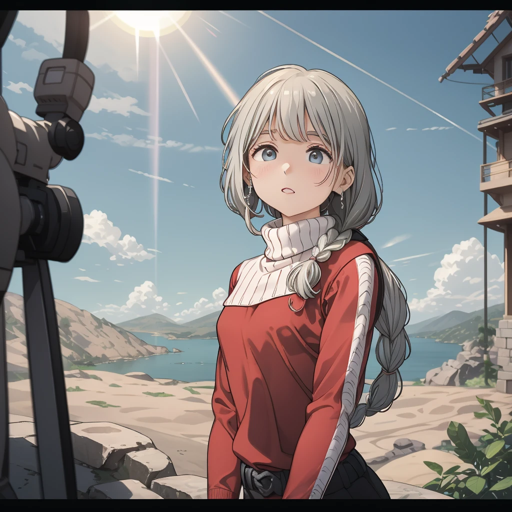 one woman, 14 talents, cozy turtleneck sweater, Upper body angle, Very cute, Perfect good looks, Braid, ash gray hair, glare of the sun, Depth of object being written, blurred background, particles of light, Strange wind, Highest image quality, highest quality, ultra high resolution, master piece, (Apsaras ⅱ)