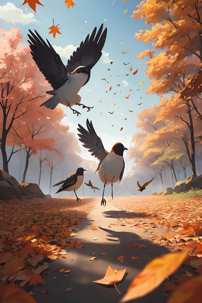 Surreal, Birds with leaves falling in the sky, HD Ultra Gloss, 8k,
