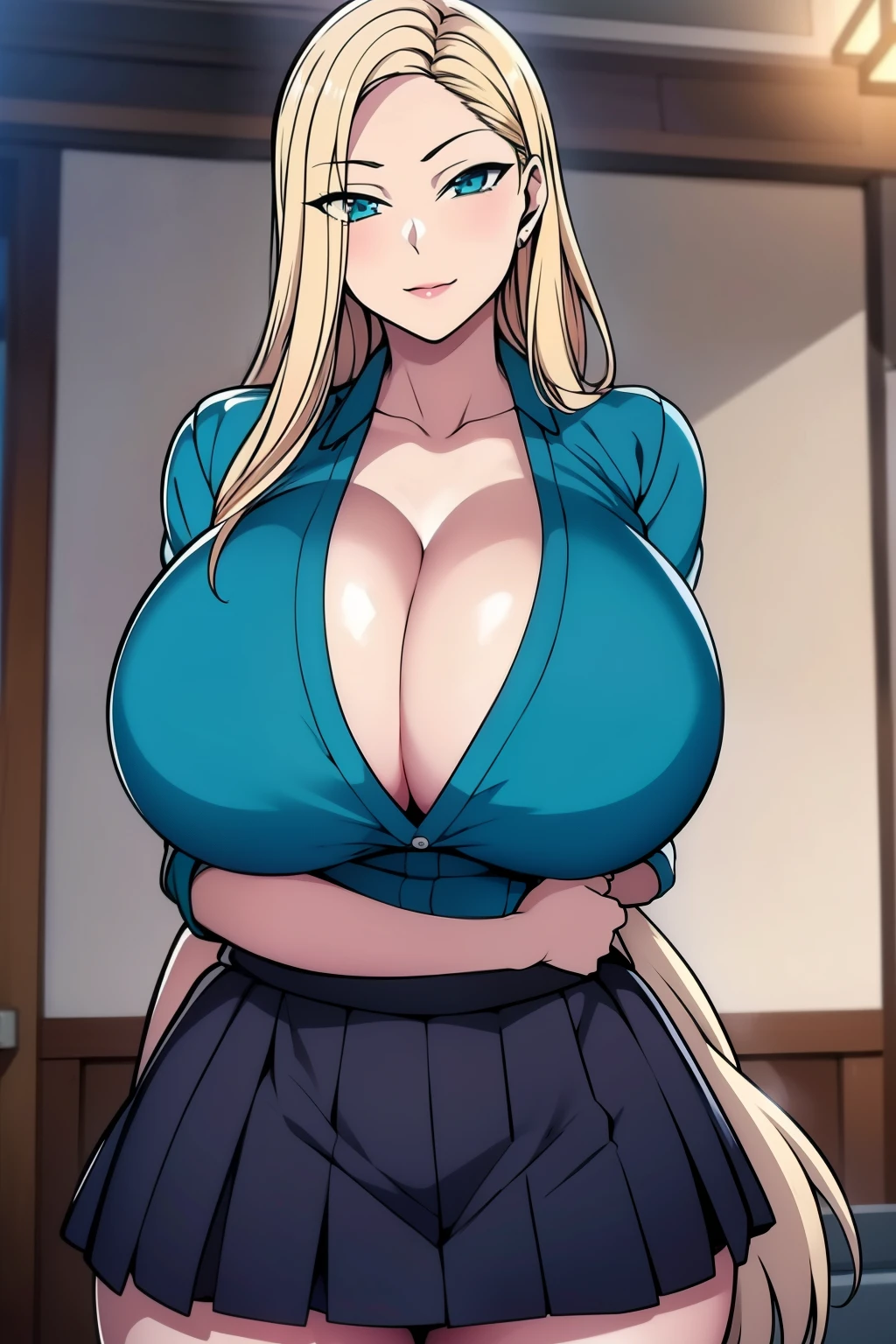 An anime-style artwork depicting Reina Kurashiki  from the anime Saimin Seishidou

Tags: Reina Kurashiki , blond hair, teal eyes,  long hair, 1girl, white collared shirt, collarbone, skirt, anime, detailed eyes, detailed lips, , smiling expression, intense gaze, dynamic pose, indoor, palace, vibrant colors, digital art, high-resolution, professional quality, gigantic breasts, cleavage,  curvy, cowboy shot, (gigantic breasts: 1.4),