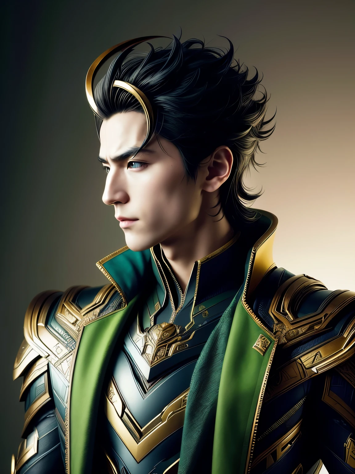 (Best quality), (masterpiece), (highly detailed), 16K, Hyper-realistic portrait showcases a (young Japanese boy1.4) in a (futuristic, modern take on Loki-inspired fantasy attire1.3). His (piercing, enigmatic gaze1.3) and (meticulously rendered facial features1.4) captivate, hinting at his (mischievous, otherworldly nature1.3). The (sleek, technological elements1.2) of his costume blend seamlessly with (ornate, mythological embellishments1.3), creating a (captivating fusion of advanced and enchanted1.3) aesthetics. Trending on ArtStation.