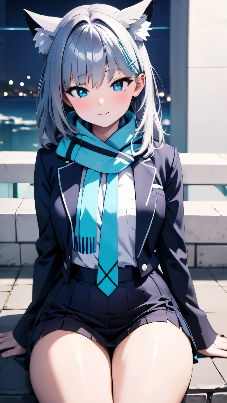 1girl, shiroko \(blue archive\), blue archive,white seater,smiling, blue scarf with navy line,necktie, highres,masterpiece, best quality, masterpiece,highres,best quality,8k, (cat ears), night