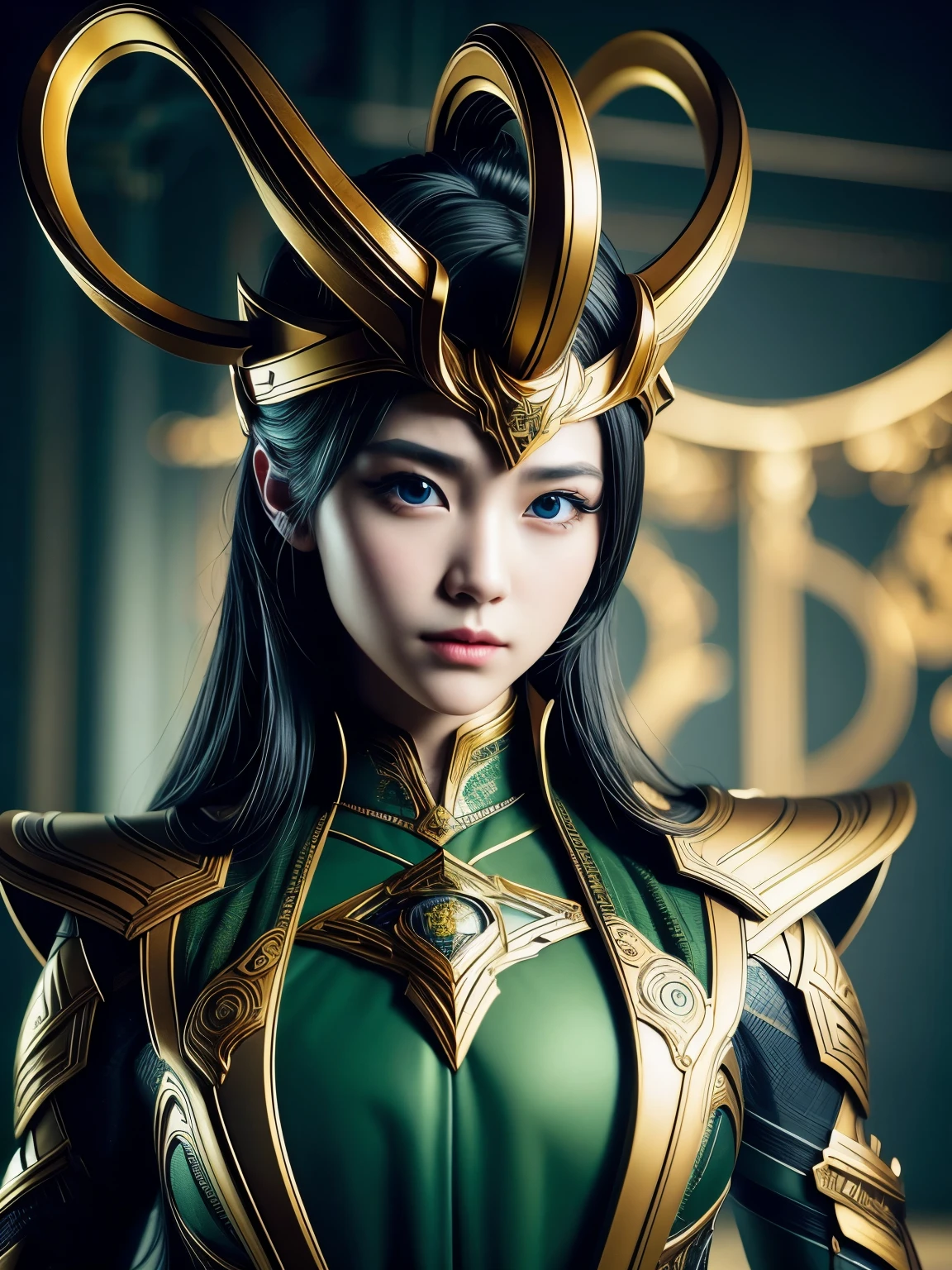 (Best quality), (masterpiece), (highly detailed), 16K, Hyper-realistic portrait depicts a (young Japanese girl1.4) adorned in (Loki-inspired fantasy attire1.3). Her (striking, piercing gaze1.3) and (meticulously rendered facial features1.4) command attention, hinting at her (mischievous, otherworldly nature1.3). The (ornate, intricate costume1.3) blends (Scandinavian mythological elements1.2) with (Japanese cultural influences1.2), creating a (captivating, visually stunning1.2) fusion of styles. Trending on ArtStation.