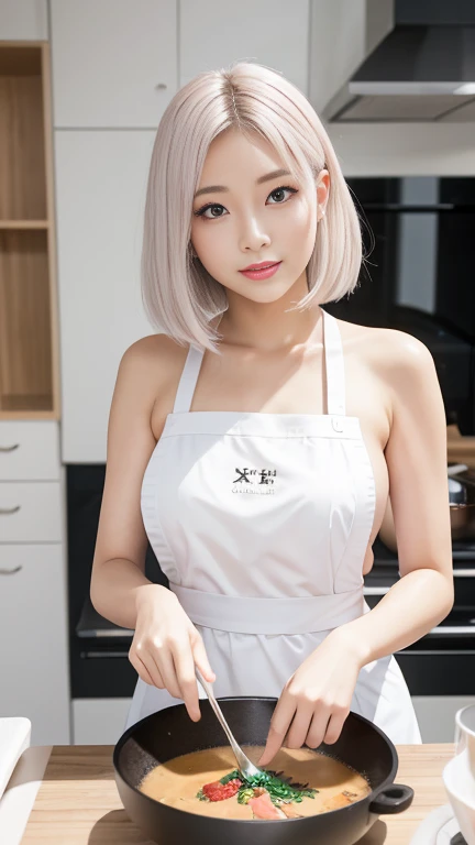 （masterpiece），（best quality），8K，High Detail,view_Entrance,1 girl,blush,Watch_exist_audience,,White hair,naked_apron,huge 