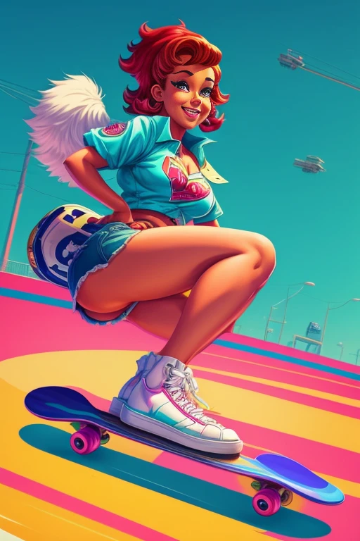 a close up of a cartoon of a woman on a skateboard, girl pinup, pinup art, furry digital art, cartoon style illustration, firey, full color digital illustration, vibrant cartoon art, air brush illustration, pin-up poster girl, furry art!!!, eighties-pinup style, colorfull illustration, pin up, outrun art style, fanart, fluffy''