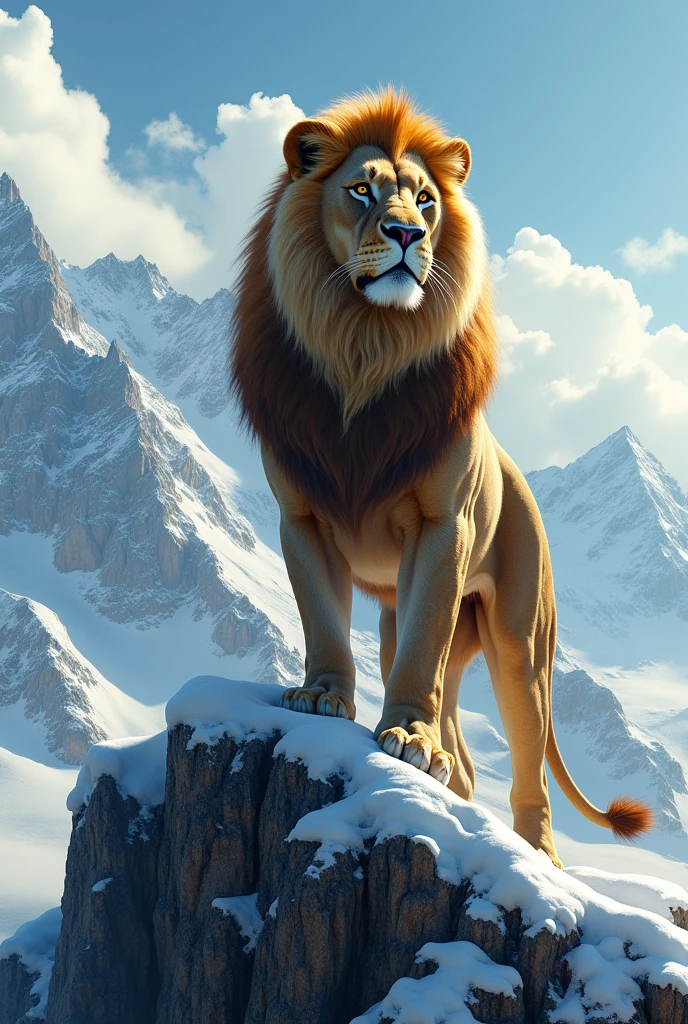 Create an animal with a combination between a penguin and a lion, in the snow
