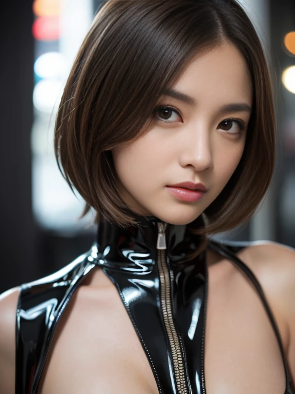 (masterpiece:1.2), ultra detailed, ultra high res, (realistic, photo realistic:1.37), high detail RAW color photo, professional photograph, an extremely delicate and beautiful, extremely detailed, 8k wallpaper, Amazing, finely detail, huge file size, extremely detailed beautiful girl, extremely detailed face, extremely detailed eyes, extremely detailed skin, extremely detailed fingers, extremely detailed nose, extremely detailed mouth, perfect anatomy, highly detailed background, (a famous actress of Japan:1.2), (gyaru:1.1), (flat chest:1.6), Dynamic lighting, bondage, rubber, leather corset, harness, Knee-high boots, BDSM, (dynamic pose), (dark room), serious, from below, wet,