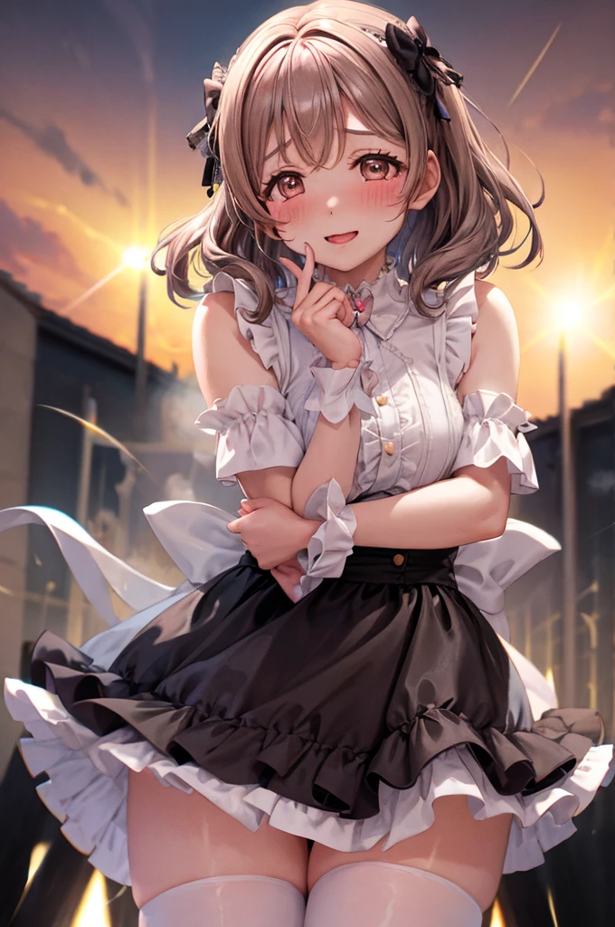 Lying on a sunny meadow、Strong winds、Her skirt is flipped up、Underwear is exposed、Close-up looking up from below、Minami Kotori, from Love Live,The pants are exposed、oil skin, swearting, pantyhose, oil skin, sweating, blush, pantyhose, wet, thighs glistening with liquid allure,Stylish girl, wearing a frilly and lacy dress, heavy on ruffles and lace, "kawaii" fashion with punk accents, multiple layers, pastel shades, detailed accessories, joyful demeanor, vibrant and artistic background. 