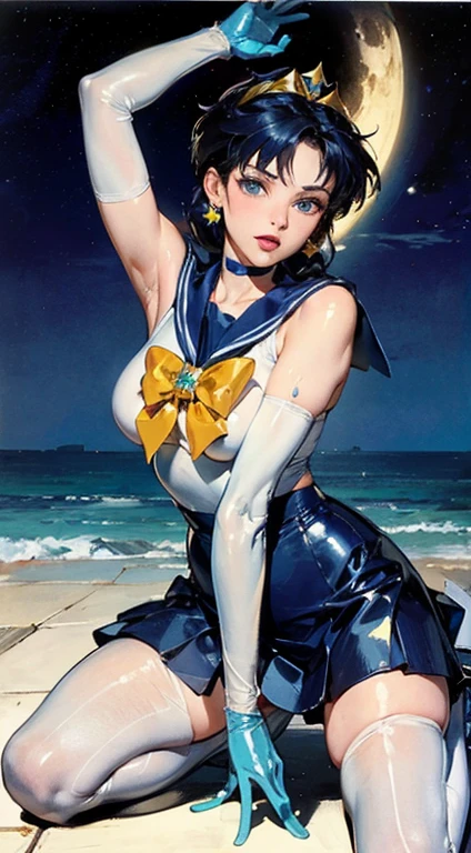 1girl, (solo:1.5), smile, delicate facial features, breasts, gloves, lips, solo, sailor mercury, blue eyes, smuniform, mer1, tiara, sailor senshi uniform, (RAW photo, best quality), masterpiece, ridiculous, sexy, floating short blue hair, blue sailor collar, bow, (over-the-knee boots: 1.1), choker, white gloves, Blue choker, elbow gloves, jewelry, earrings, blue skirt, sole, full body, blue hair, (perfect hand drawn): 3.8, octane rendering, water god, (water drops), wet clothes, (beautiful detailed water), (floating), dynamic angle, nsfw,best quality,masterpiece,ultra high res,(cowboy shot:1.3),(photorealistic:1.4),8K raw photo,cinematic lighting,official art,night, //, messy hair, large breasts,,beautiful legs,nudity,tall female,skinny,slim_legs,thigh_gap,(looking at viewer:1.2),model,black thighhighs,dynamic pose,high heels,from front,lying,show ,no panties, //, ((missionary anally penetrated)),((spread legs)),((extreme close up)),(ultra-detailed),portrait,(masterpiece),(best quality),(ultra detailed),professional lighting, smmercury