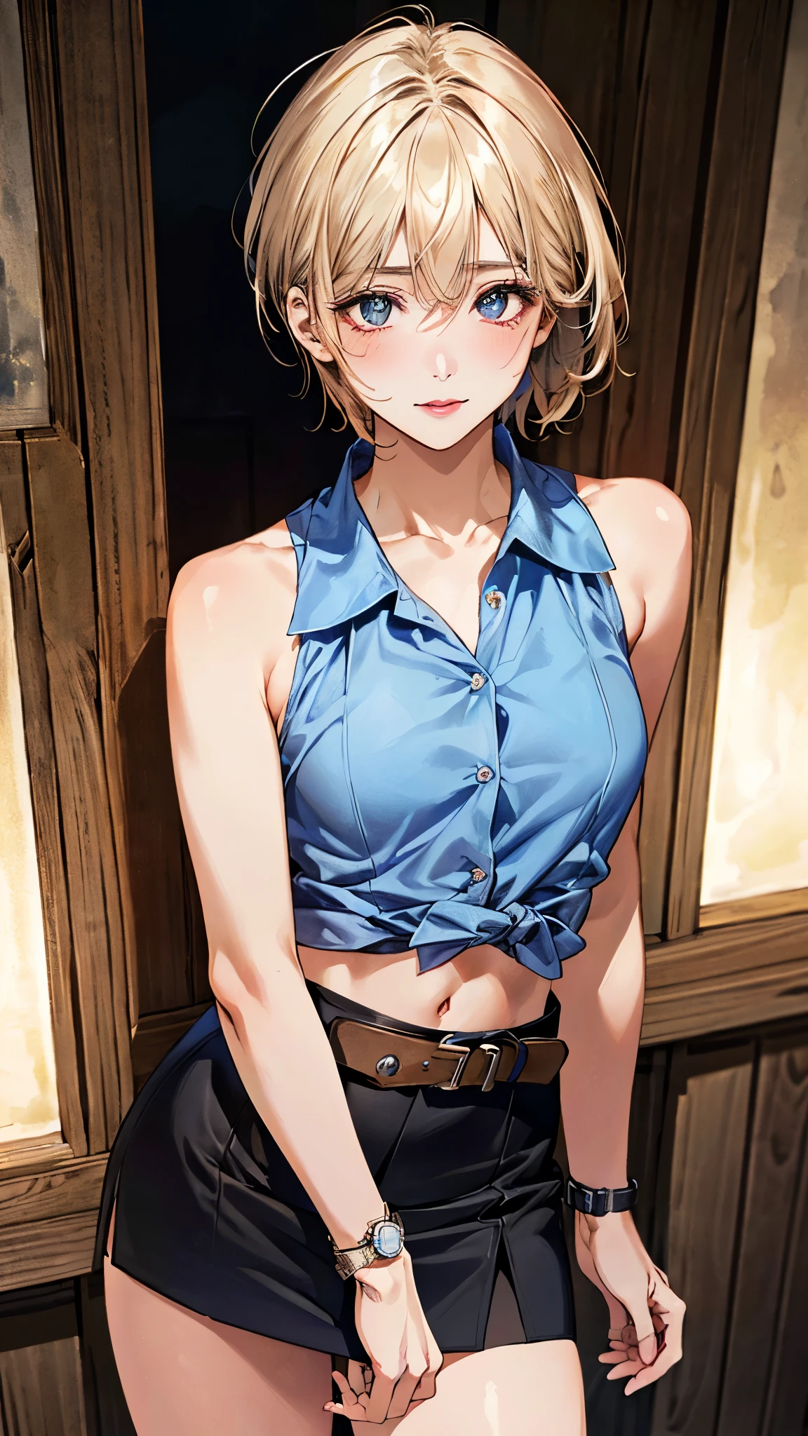 ((1girl)),((alone)),akane hououji,(masterpiece), (best quality), (ultra detailed), (best illustration), (best shadow), (absurdities), sharp focus, cowboy shot ,atmospheric perspective, depth of field, dynamic posture looking at the viewer, large breasts, narrow waist, wide hips, wide thighs, round butt, erotic, romantic, (very detailed eyes, lips 1.1), very detailed eyes, eyes, very face detailed, very beautiful face, full height, beautiful slim figure, femininity, expressive appearance, elastic big breasts, sexuality, dull blonde hair, short hair, blue eyes,((black blouse)), ((short blouse)),tight blouse ,((bare shoulders, bare arms, ((cleavage)),((denim shorts :1.3)),,((bare legs)),((white tennis shoes)),curves, defined body,Perfect and beautiful body, perfect and beautiful, closed mouth, smile, happy smile, blushing, (sexy pose: 1.2), ((solo:1.4)), standing: 1.3,(( : 1.5, exterior : 1.5, sunset: 1.5, buildings: 1.5, streets: 1.4, Japanese metropolitis: 1.4)), looking forward, ((focus on breasts)), point of view :(from the middle), perfect anatomy, perfect hands