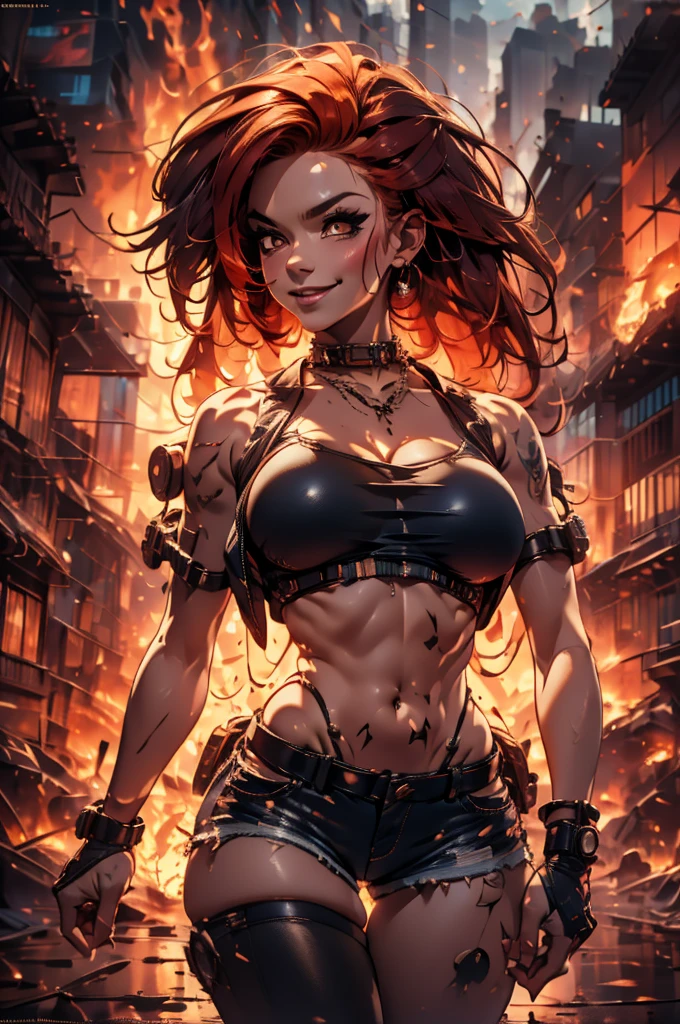 realistic image, high definition,  
(1girl)(cute perfect face, kawaii) (kawaii,evil smile),floating hair,messy hair,red hair,pale skin,brown eyes,big eyes,ripped dress: 1.8,tight tube top,(big breast) , (mini shorts), dynamic pose, navel shown: 0.8, ((punk fashion)), , dynamic pose: 1.4), background (outside, city, backstreet, city on fire, everything on fire
INFORMATION

