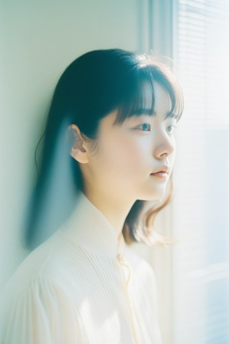 A masterpiece of analog film photography by Hideaki Hamada,20 year old girl,Sunlight shining on a soft face,