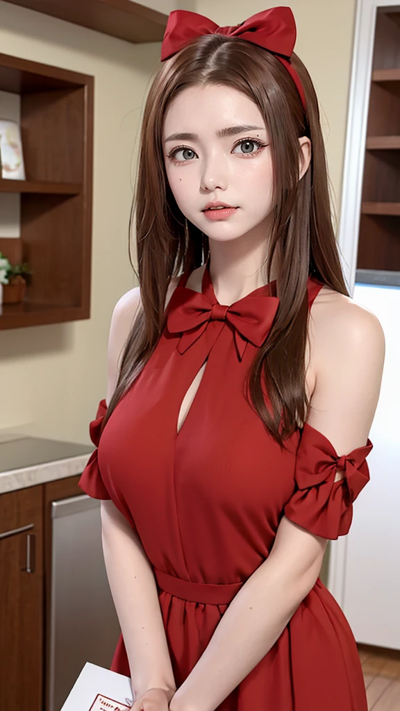 10-year lifespan, Brown hair, Fair skin, Practical, Long hair with a red bow, Light brown eyes, Red Dress, 8K images, Practical human skin, Authentic image,