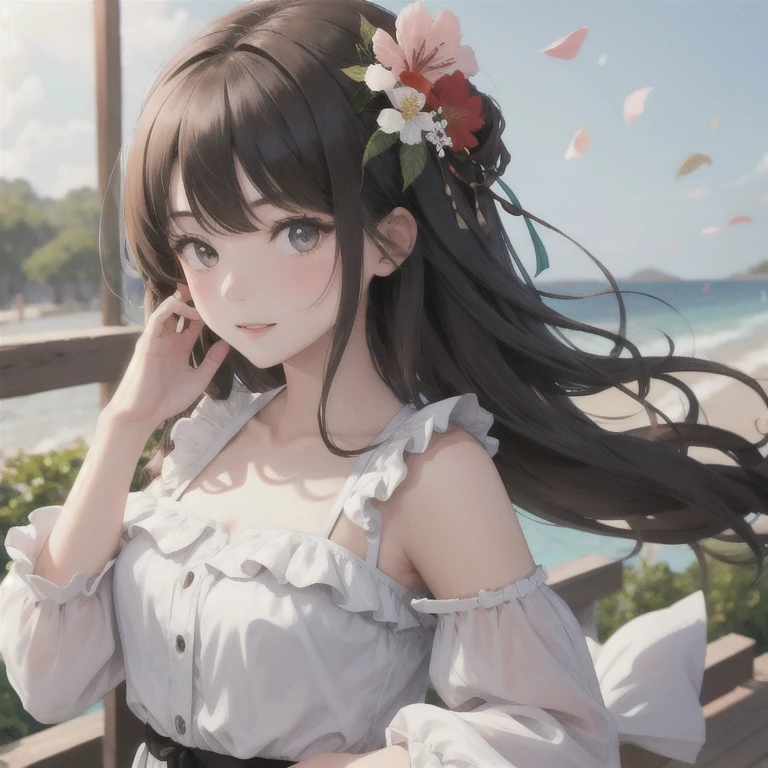 (Highest quality, 8k wallpaper, Tabletop, Ultra HD: 1.3), Women in reality、A woman around 25 years old,Japanese women、Beautiful skin,healthy, 100cm bust, Brown Hair, Shortcuts, Slim figure, Delicate lips, Beautiful Eyes, double eyelid, Beautiful feet ,A short white T-shirt above the waist,masutepiece,Super detailed,Attention to detail,High resolution,Perfect dynamic composition,Women's Fashion Summer,smile,Seaside,Facing forward,canon RF85mm F1.2 L USM、Canon EOS R7,Lighting on face,Beautiful detailed eyes、light makeup、attractive、超High resolution、Surreal、Very detailed、Golden Ratio、(Detail Makeup:1.2)、Has had sex with 10 men、Smiling happily