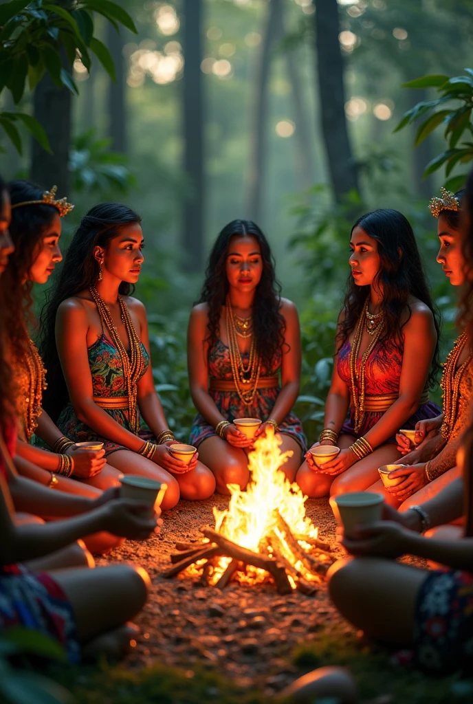 two female healers of the Mayan and Aztec peoples in a forest around a campfire performing a cacao ritual, convey depth