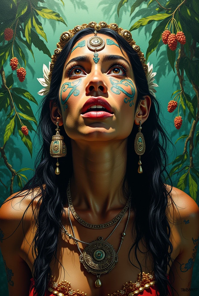 An indigenous woman dressed in straw and leaves feeling the hand of Jesus, She has her hands in the middle of her chest and is amazed, comic book style, the scene has vibrant and very striking colors.