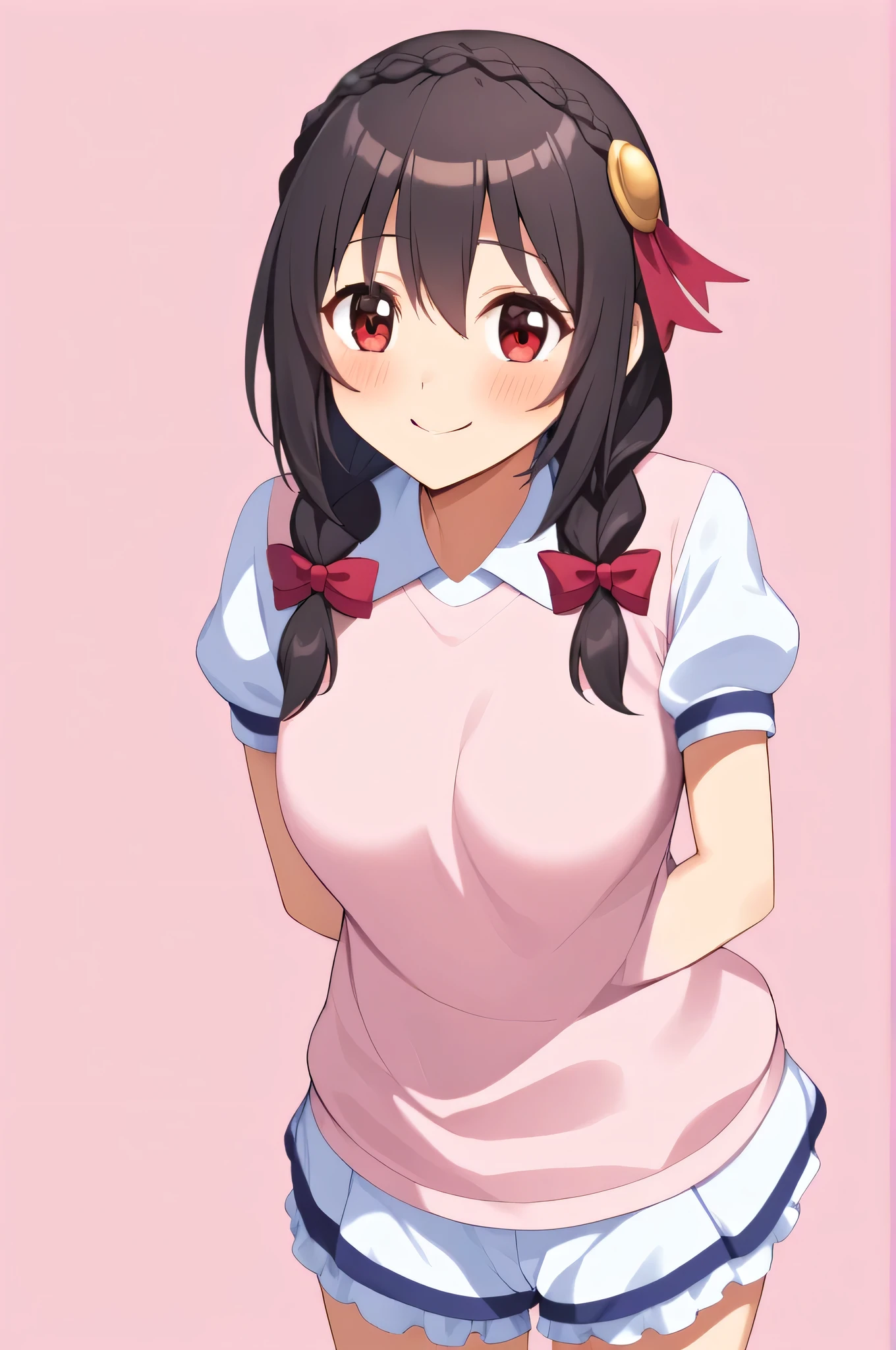 Alone, One Girl、Crown braids in the same color as your hair, Hair accessories, Hair Ribbon,(White gym uniform and navy blue bloomers.)、Black Hair、(blush:1.5)、My breasts are a little large、(A shy smile:1.8)、(The background is a sports day)、♥