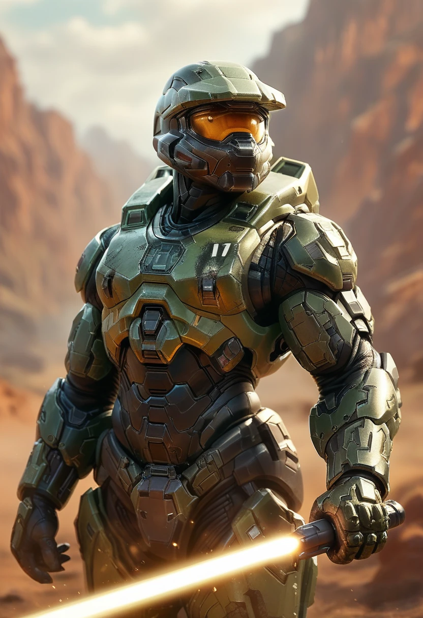 male spartan 2 super soldier from halo, wearing green mk 6 armour, golden faceplate, the number 141 written in white on the left side of the chestplate double bladed orange lightsabre in hands, battle scean