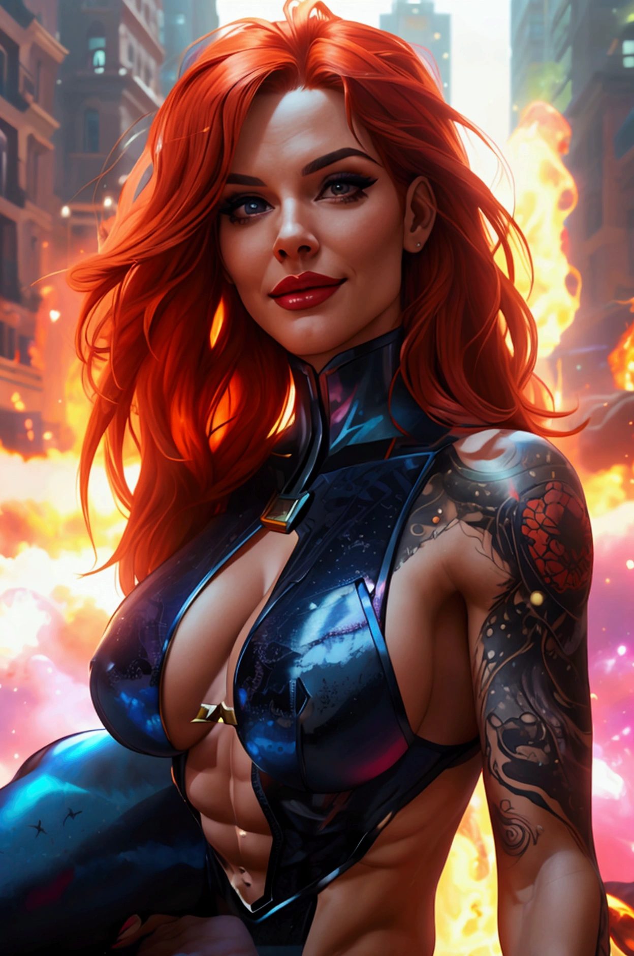 best quality,4k,8k,highres,masterpiece:1.2),ultra-detailed,(realistic,photorealistic,photo-realistic:1.37),sexy overpowered cosmic superheroine, stellar powers,cosmic energy,cityscape background,spectacular flying pose,vibrant colors A gorgeous female, supermodel, mature, fire red hair, long nails, smirk, long nails, long legs, tatoo on abs, navel piercing, huge breasts, full body view