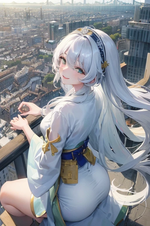 official art, masterpiece, Sharp focus beautiful gorgeous cute korean woman:1.3), (beautiful and cute korean:1.3), Korean beauty, exquisite beautiful hair、eyes and face, actual, Super detailed, beautiful girl,  Luminous white particles, (side light:1.2), sunshine, Baiyun, Detailed cloud, Slender, buttocks, smile with teeth, ((smile with eyes, open your eyes)), landscape, long, straight hair, sexy facial expression, architecture, (city View:1.7), dynamic hair, Delicate white hair, Luminous Blue Eyelue Pleated Shirt + Short white skirt), white stockings, pale skin, hair accessories, epic landscape,night，Nice butt，，The skirt opens by itself，露出buttocks，highest resolution，