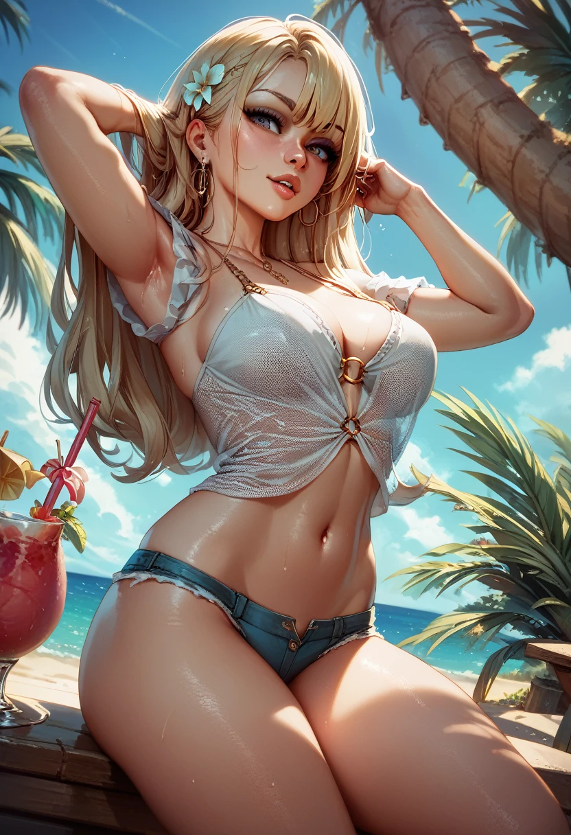 Masterpiece, best quality, 1girl, beautiful elf, swimsuit, large butt, denim shorts, standing at a beach bar, busty, sunny drinks, palm tree, tropical island landscape