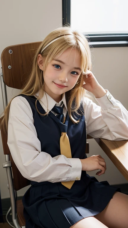 a very cute blonde 14yo girl, school-uniform, raw photo