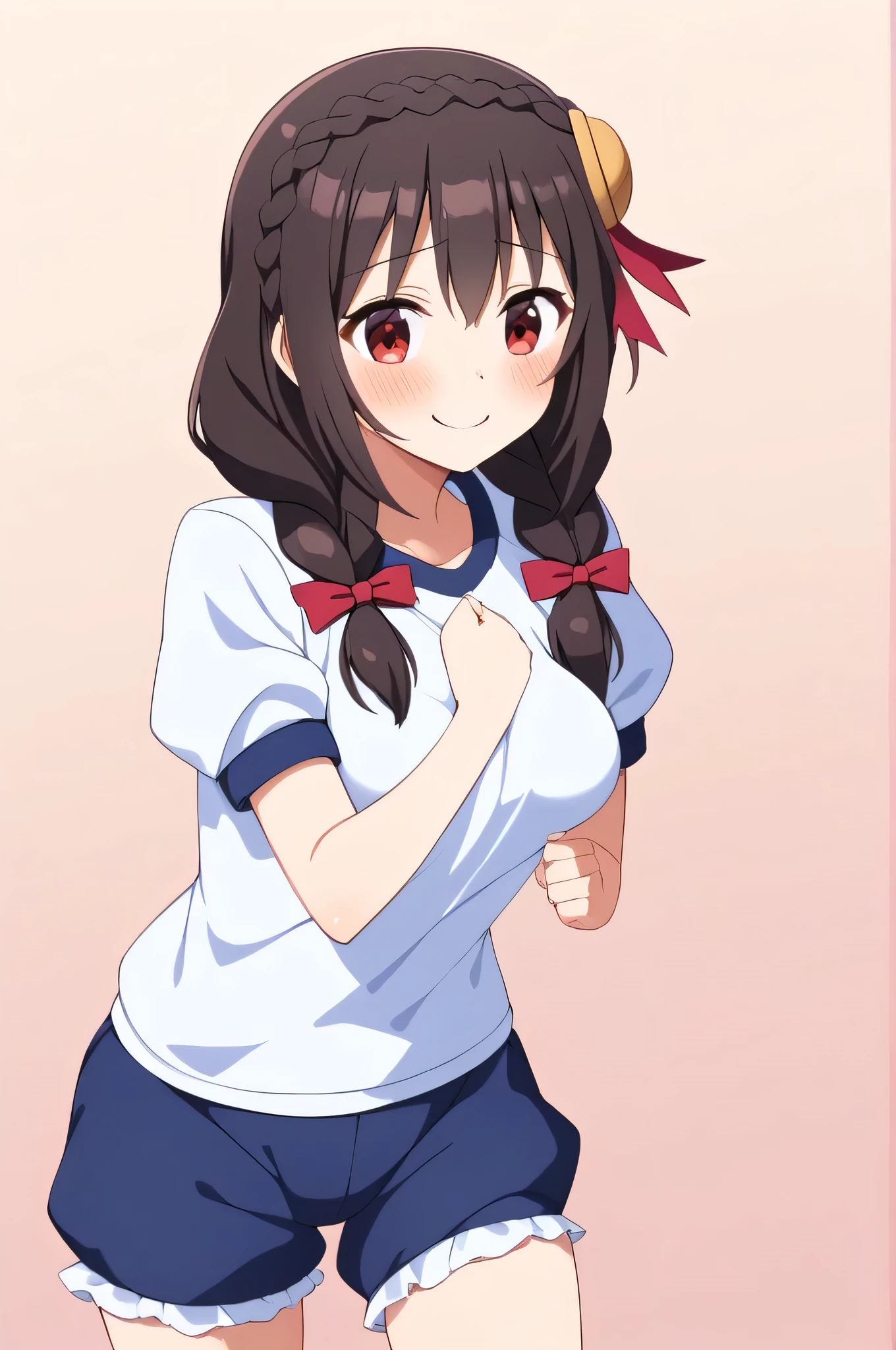 Alone, One Girl、Crown braids in the same color as your hair, Hair accessories, Hair Ribbon,(White gym uniform and navy blue bloomers.)、Black Hair、(blush:1.5)、My breasts are a little large、(A shy smile:1.8)、(The background is a sports day)、♥、Running
