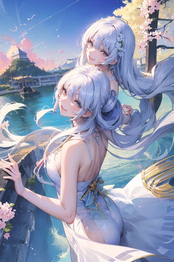 Official Art, Masterpiece, Sharp Focus, (Beautiful Gorgeous Cute Chinese Woman: 1.3), (Beautiful and Cute Chinese: 1.3), Chinese Beauty, Delicately Beautiful Hair and Eyes and Face, Realistic, Super Detailed, Beautiful Girl, Blue Sky, Glowing White Particles, (Sidelighting: 1.2), Sunlight, White Clouds, Delicate Clouds, Slender, Cute Big Breasts Big Buttocks, Toothy Laugh, ((Laughing with Eyes Open)), Landscape, Long Straight Hair, Sexy Facial Expressions, Architecture, ( Cityscape:1.7), Dynamic Hair, Long Straight Hair, Delicate Gilt Golden, Glowing Heterochromic Eyes, (Bikini,Tong), White Stockings, Pale Skin, Hair Accessory, Epic Landscape,