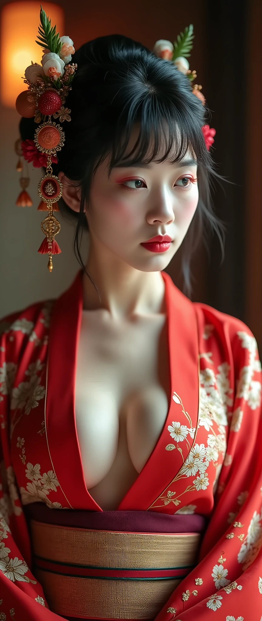 beautiful japanese woman with big breasts in revealing red kimono, autumn, on black background, red rose petals falling