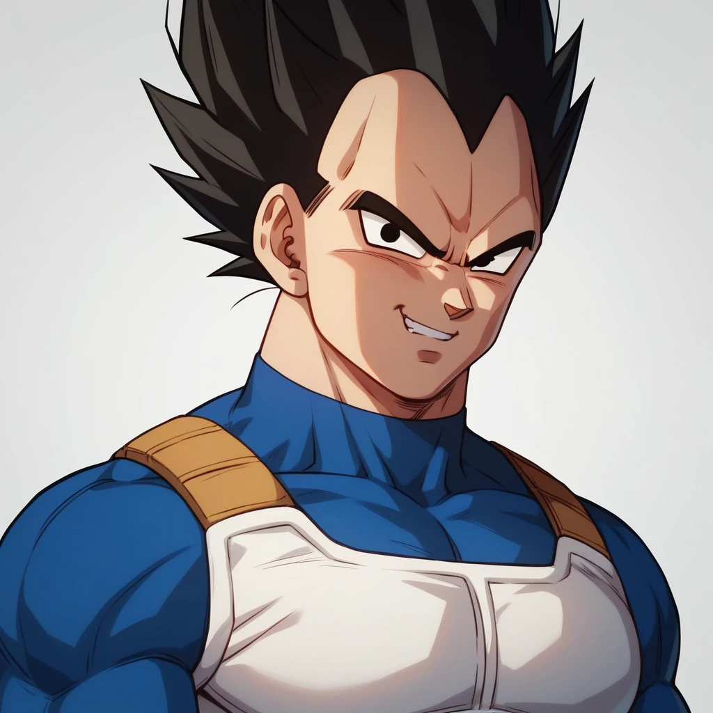 Vegeta, with his typical hair, male, black hair, black eyes, spiky hair.