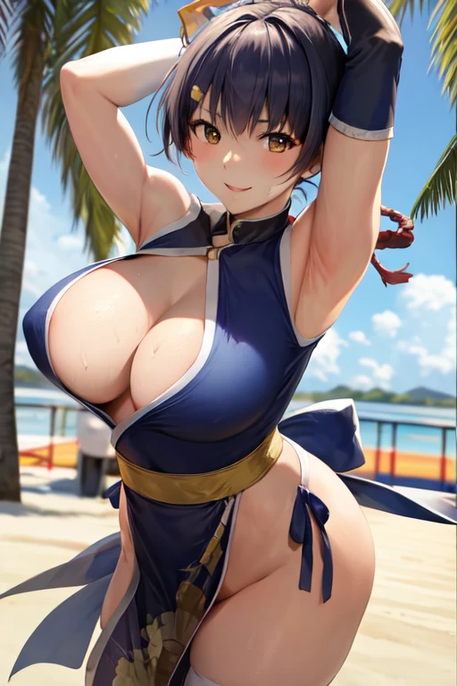 masterpiece, best quality, beautiful art, high resolution, well formed hands, body and fingers, 1 woman, solo, Xiangling, adult, grown up, large and big breasted, cleavage,  full body, braided long hair, blue_japanese_clothes, wearing DOA Kasumi's blue kunoichi dress, sexy and skimpy japanese clothes, kimono peek, sleeveless, panties peek, white stockings, gorgeous legs and thighs,fighting in a combat match, showing her fighting skills, making her guard, about to hit the viewer, looking at the viewer, close up on her bouncing breasts, sweating, bouncing breasts, smiling joyfully and brightly, seductive face, being confident and proud, action and fighting scene, martial arts tournament on the beach fighting in a combat match, showing her fighting skills, making her guard, about to hit the viewer, looking at the viewer, close up on her bouncing breasts, sweating, bouncing breasts, smiling joyfully and brightly, seductive face, being confident and proud, action and fighting scene, martial arts tournament on the beach 