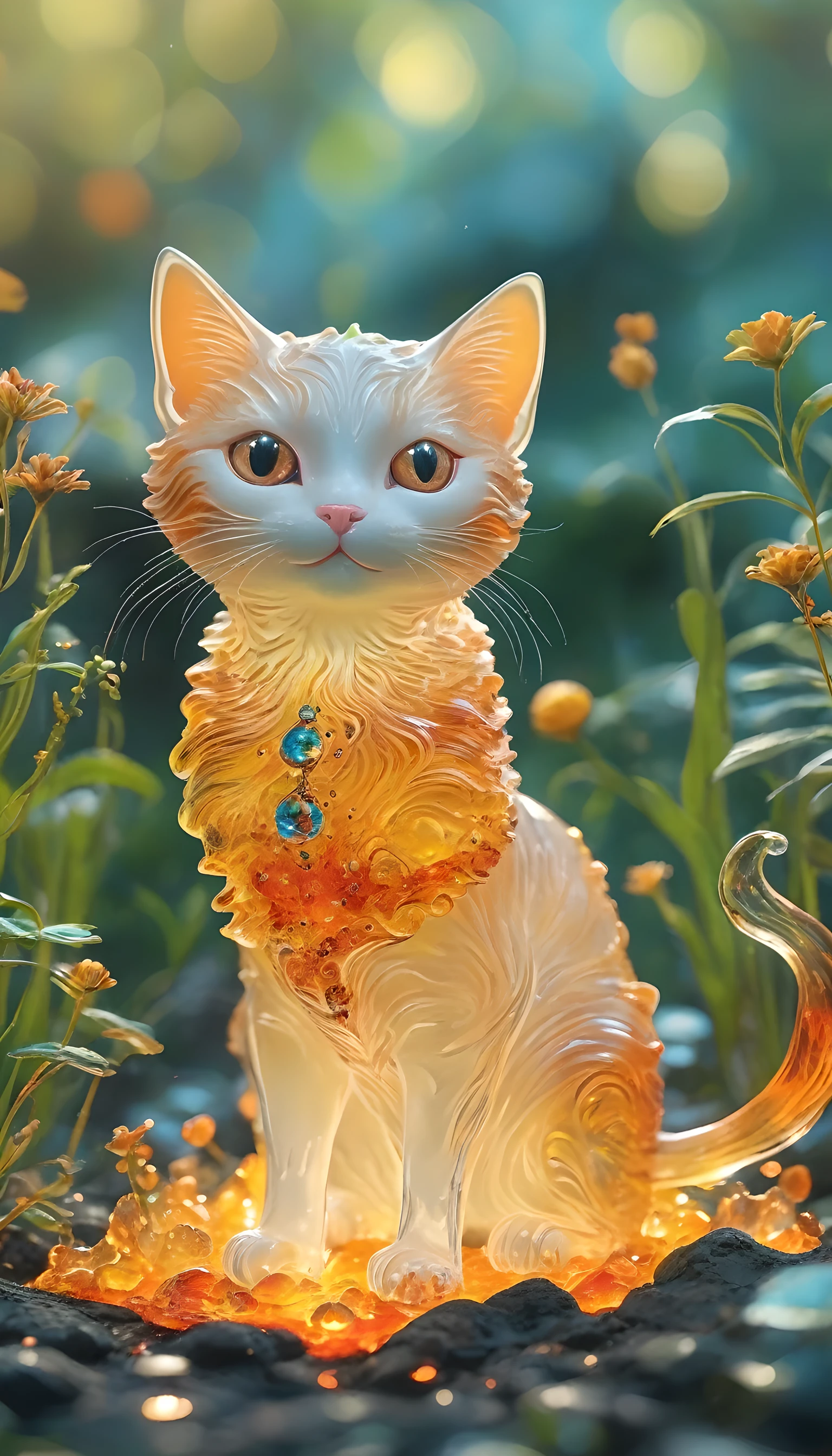 Best, very good, 16K, ridiculous, Extremely detailed, charming(((cat:1.3))),Made of translucent boiling lava, Background grassland((A masterpiece full of fantasy elements))), (()), ((Intricate details))(8K)