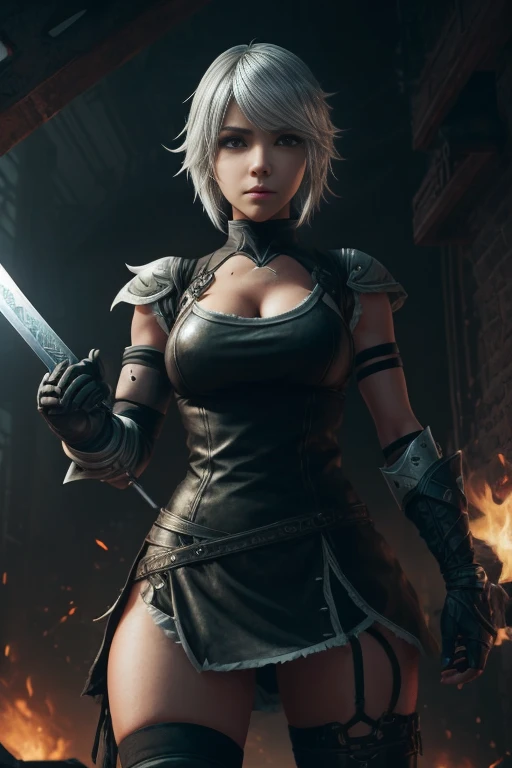 a woman with a sword and a sword in her hand, riven, riven from league of legends, 2b, 2 b, cyborg - girl with silver hair, nier inspired, tifa lockhart with white hair, nier : automata inspired, nier:automata inspired, fighting game character, 2b from nier automata, 2 b from nier automata