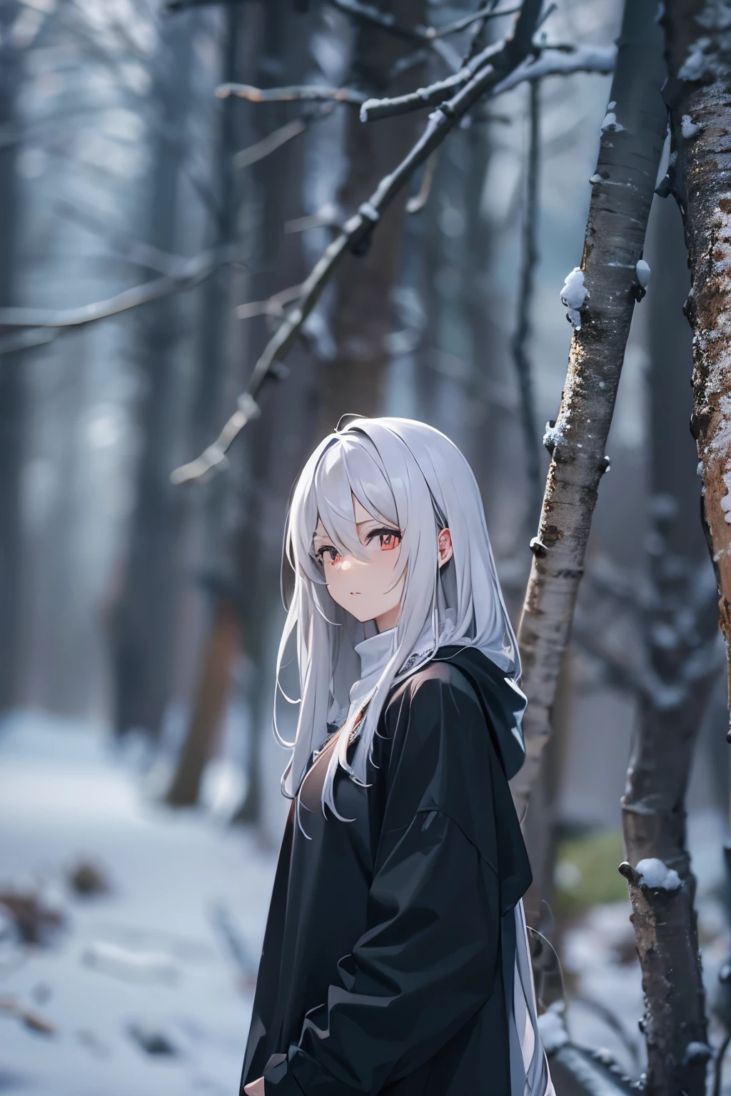 Silver Hair、Hair to shoulders{{{{{{{{ Oversized black hoodie }}}}}}}},Beautiful and delicate golden eyes,Black clothes,Fairy,Fairy Tail,forest,winter,Sigh,cold,snow,Scared,charm,like,Flushing,